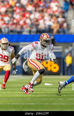 Linebacker (56) Samson Ebukam of the San Francisco 49ers walks off the  field after the 49ers defeat the Houston Texans 23-7 in an NFL football  game, Sunday, Jan. 2, 2022, in Santa