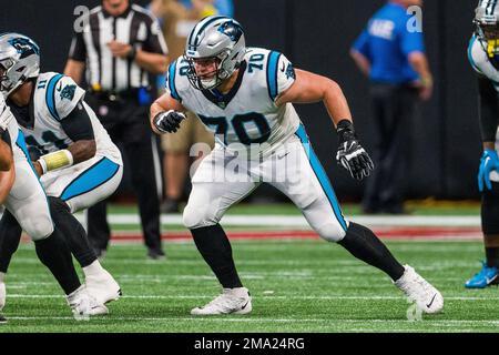 Carolina Panthers offensive tackle Brady Christensen (70) lines up