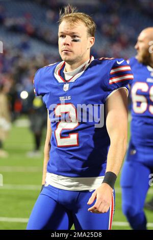 Buffalo Bills place kicker Tyler Bass (2) kicks a PAT during the first half  of an NFL football game against the New England Patriots on Sunday, Jan. 8,  2023, in Orchard Park