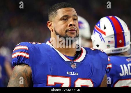 Buffalo Bills guard Rodger Saffold (76) prepares to walk onto the field  before the start of an NFL football game against the Miami Dolphins,  Sunday, Sept. 25, 2022, in Miami Gardens, Fla. (