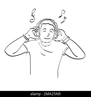 line art man listening to music through his headphone illustration vector hand drawn isolated on white background Stock Vector