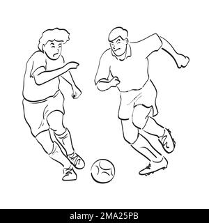 line art full length of two soccer players with ball illustration vector hand drawn isolated on white background Stock Vector