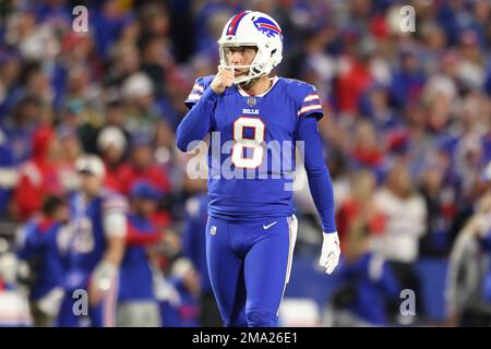 Buffalo Bills punter Sam Martin (8) celebrates with teammates their 32-29  win over the Miami Dolphins during first quarter of an NFL football game at  Highmark Stadium on Saturday, Dec. 17, 2022