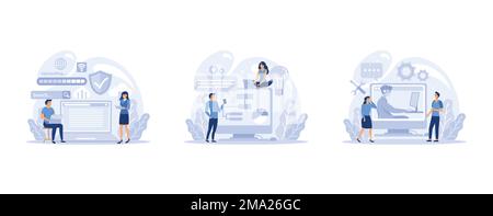 IT profession set. Programmer write software and create code for computer. Coding script for project and app, set flat vector modern illustration Stock Vector