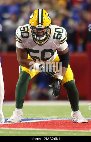 Green Bay Packers guard Zach Tom (50) plays against the Detroit