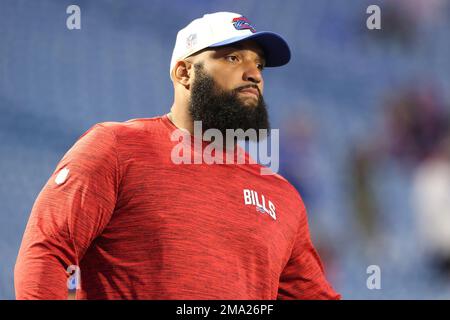 Buffalo Bills defensive tackle DaQuan Jones (92) walks off the field after  an NFL football game against the Kansas City Chiefs Sunday, Oct. 16, 2022,  in Kansas City, Mo. (AP Photo/Peter Aiken