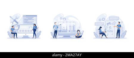 IT profession set. Programmer write software and create code for computer. Coding script for project and app, set flat vector modern illustration Stock Vector