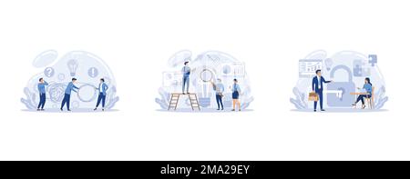 Solution web banner or landing page set, Solving the problem and finding creative solution. Business people meeting the challenge in a teamwork, set f Stock Vector