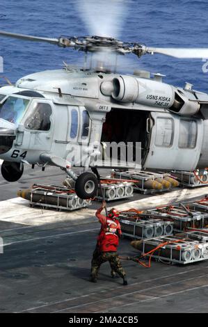 040724-N-5232L-001. [Complete] Scene Caption: US Navy (USN) Aviation Ordnancemen (AO) onboard the USN Aircraft Carrier USS KITTY HAWK (CV 63) hold a cargo pennant steady for connection to an HH-60H Seahawk helicopter from the Military Sealift Command (MSC) Ammunition Ship USNS KISKA (T-AE 35) [not shown] during a vertical replenishment (VERTREP) evolution. The HAWK is one of seven carrier strike groups (CSG) involved in SUMMER PULSE 2004. SUMMER PULSE 2004 is the deployment of seven carrier strike groups (CSG), demonstrating the ability of the Navy to provide credible combat capability across Stock Photo