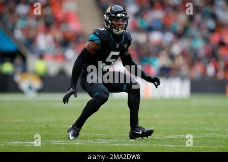 Jacksonville Jaguars safety Andre Cisco (5) in action during an NFL  football game against the Denver Broncos at Wembley Stadium in London,  Sunday, Oct. 30, 2022. The Denver Broncos defeated the Jacksonville