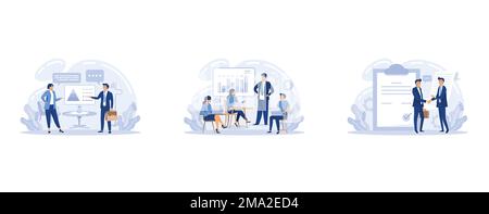 Business negotiations web banner or landing page set. Business planning and development. Future business partnership, brainstorming or team work proce Stock Vector