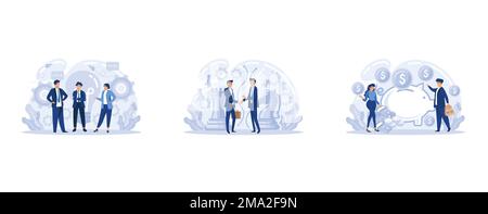 Meet our team, strategic partnership crowdfunding vector set. Cooperation and teamwork abstract concept. Entrepreneurship success abstract metaphor, s Stock Vector