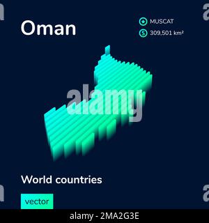 3D Map of Oman. Stylized neon simple isometric striped vector map in green colors on blue background Stock Vector