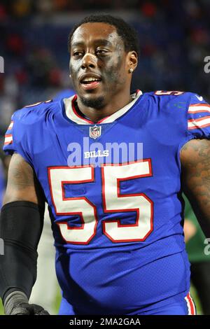 Buffalo Bills defensive end Boogie Basham (55) stands on the sideline  during an NFL preseason football game against the Carolina Panthers,  Saturday, Aug. 26, 2022, in Charlotte, N.C. (AP Photo/Brian Westerholt Stock