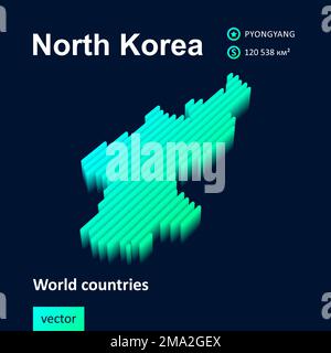 3D Map of North Korea. Stylized striped vector map in neon green and mint colors on blue background Stock Vector