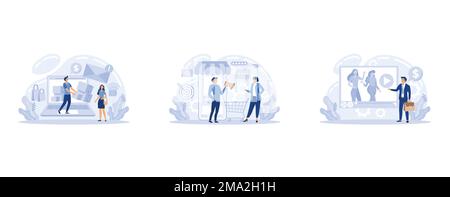 Email, mobile and video marketing technology. Getting new subscribers, likes, messages. Work with advertising and promoting via Internet, set flat vec Stock Vector