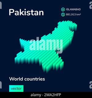 Pakistan 3D map. Stylized neon simple digital isometric striped vector Map in green colors on blue background Stock Vector