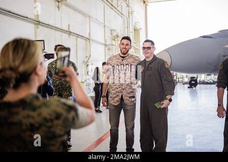 U.S. Marines with Marine Fighter Attack Squadron 323, 3rd Marine Aircraft Wing (MAW), are visited by San Diego Padres pitchers, Sean Manaea and Joe Musgrove, on Marine Corps Air Station Miramar, California, May 23, 2022. Manaea and Musgrove were able to operate the F/A-18 Hornet aircraft simulator, learn about aircraft equipment and flight operations, and meet with 3rd MAW Marines. Stock Photo