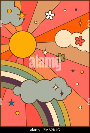 Fantasy sky with sun and rays, rainbow and clouds Stock Vector
