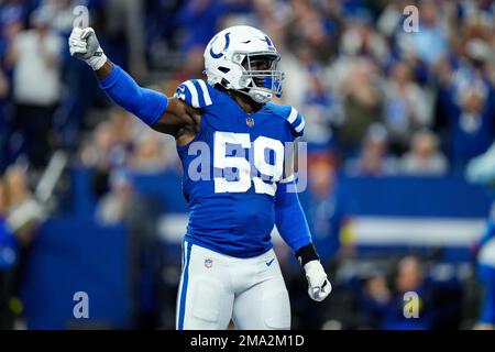 Indianapolis Colts linebacker Bobby Okereke (58) lines up on defense during  an NFL football game against the Washington Commanders, Sunday, Oct. 30,  2022, in Indianapolis. (AP Photo/Zach Bolinger Stock Photo - Alamy