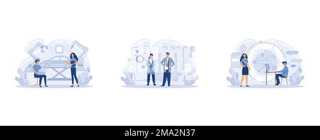 Hexagonal carbon atom grid properties. Innovative computation software. Laser technologies, graphene technologies, quantum computing metaphors, set fl Stock Vector