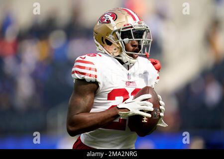 San Francisco 49ers cornerback Qwuantrezz Knight (43) warms up before an  NFL preseason football game against the Green Bay Packers, Friday, Aug. 12,  2022, in Santa Clara, Calif. (AP Photo/Scot Tucker Stock