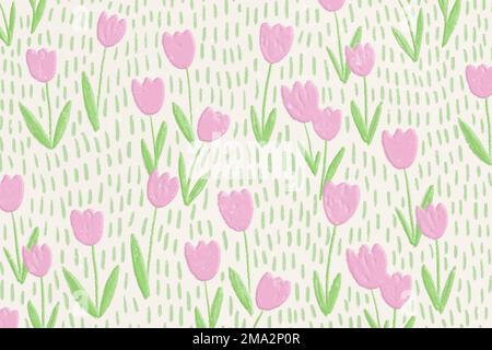 Pink tulip field vector background line art banner Stock Vector