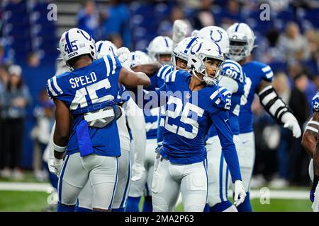 Indianapolis Colts defensive back Rodney Thomas II (25) celebrates his  interception with teammates during an NFL football game against the Houston  Texans, Sunday, Jan. 8, 2023, in Indianapolis. (AP Photo/Zach Bolinger Stock