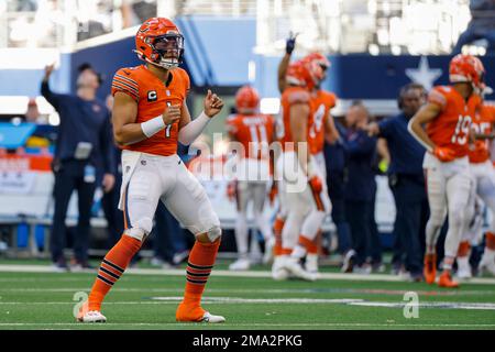 November 6, 2022: Chicago Bears #11 Darnell Mooney celebrates his touchdown  with quarterback #1 Justin Fields during a game against the Miami Dolphins  in Chicago, IL. Mike Wulf/CSM/Sipa USA(Credit Image: © Mike