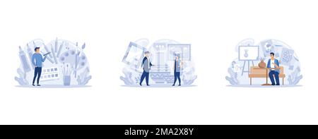 Visual art composition set with drawing training , set flat vector modern illustration Stock Vector