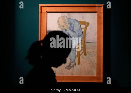 Dutch painter Vincent van Gogh's 'Sorrowing Old Man' (1890) is displayed at the 'Van Gogh, masterpieces from the Kroller-Muller museum' exhibition, in Rome, Monday, Oct. 24, 2022. (AP Photo/Gregorio Borgia)