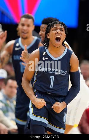 Memphis Grizzlies guard Kennedy Chandler (1) reacts during the second half  of an NBA basketball game against the Utah Jazz Saturday, Oct. 29, 2022, in  Salt Lake City. (AP Photo/Rick Bowmer Stock