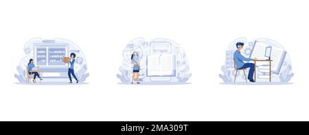 Electronic library, online book storage metaphor. Reading publications, literature via Internet. E-learning and training program for electronic device Stock Vector