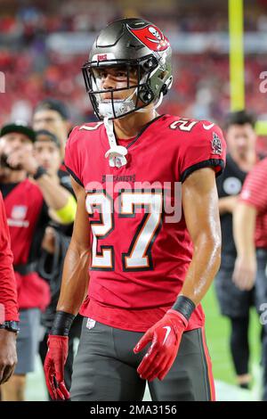 Tampa Bay Buccaneers cornerback Zyon McCollum (27) watches his assigned  receiver as he defends in the secondary during an NFL football game against  the New Orleans Saints, Monday, Dec. 5, 2022, in