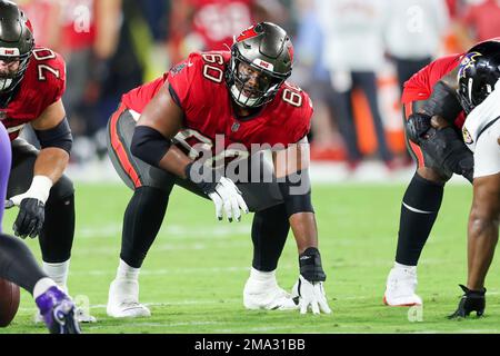 SANTA CLARA, CA - DECEMBER 11: Tampa Bay Buccaneers guard Nick Leverett  (60) blocks in the first