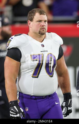 Baltimore Ravens guard Ben Cleveland during the second half of an NFL  football game against the New England Patriots, Sunday, Sept. 25, 2022, in  Foxborough, Mass. (AP Photo/Paul Connors Stock Photo - Alamy