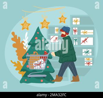 Man shopping for xmas holidays, choosing presents Stock Vector