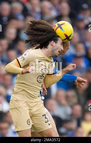 Chelsea's Marc Cucurella, left, and Brighton's Solly March head the ball during the English Premier League soccer match between Brighton and Hove Albion and Chelsea at the Amex stadium in Brighton, England, Saturday, Oct. 29, 2022. (AP Photo/Kirsty Wigglesworth)