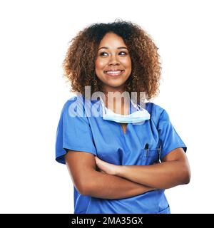 Nurse, arms crossed and thinking with black woman in hospital for ...