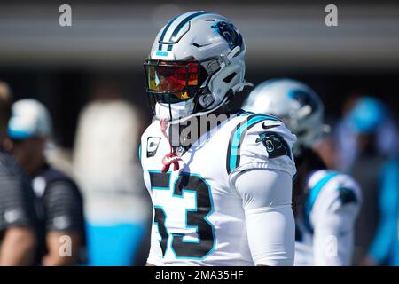 Carolina Panthers defensive end Brian Burns (53) on defense during an NFL  football game against the Carolina Panthers, Sunday, Oct. 9, 2022, in  Charlotte, N.C. (AP Photo/Brian Westerholt Stock Photo - Alamy