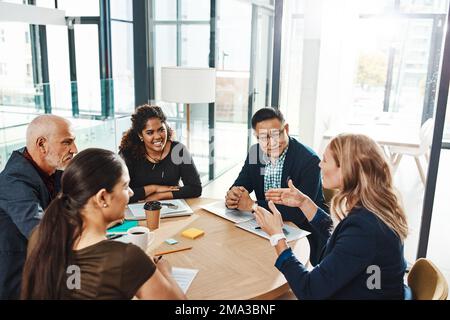 Company vision and mission of business people in meeting at corporate workplace together. Collaboration, brainstorming and strategy of focused Stock Photo