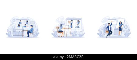 Software for videoconferencing and online communication, online meeting work from home, virtual work meeting set. People having conference call with b Stock Vector