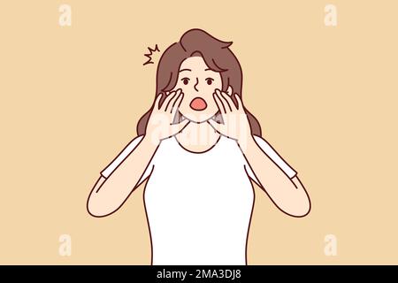 Woman screams loudly with mouth wide open and holds hands near face to tell others important news. Frightened girl tries to call for help using palms instead of megaphone. Flat vector design  Stock Vector