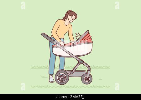 Caring woman walks with kid in stroller soothing crying toddler and adjusting blanket or checking diaper. Loving mother courting son or daughter walking outdoors. Flat vector illustration Stock Vector