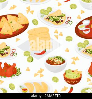 Seamless pattern with Mexican food Taco, Quesadilla, guacamole, Empanadas, Tomato Soup on white background. Vector illustration. Cute endless backgrou Stock Vector