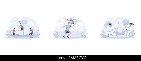 Youth summer holiday, Basketball and tennis summer camps, karate vacation program, martial arts, physical activity, sport academy, set flat vector mod Stock Vector