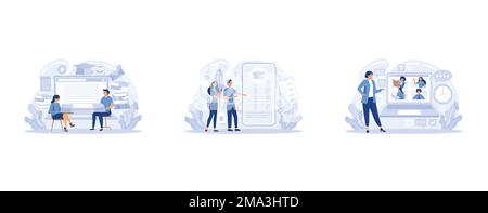 Online education, classes, workshop and language tutoring, video call, educational webinar, personal tutor training and courses, set flat vector moder Stock Vector