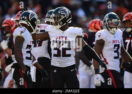 Atlanta Falcons' Jaylinn Hawkins (right) makes an interception during the  match which is part of the NFL London Games at Tottenham Hotspur Stadium,  London. Picture date: Sunday October 10, 2021 Stock Photo - Alamy