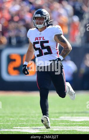 Atlanta Falcons linebacker Nathan Landman (55) lines up during the second  half of an NFL football game against the Jacksonville Jaguars, Saturday,  Aug. 27, 2022, in Atlanta. The Atlanta Falcons won 28-12. (