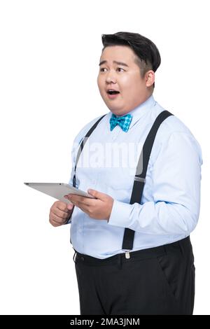 Take a tablet of obese young men Stock Photo - Alamy